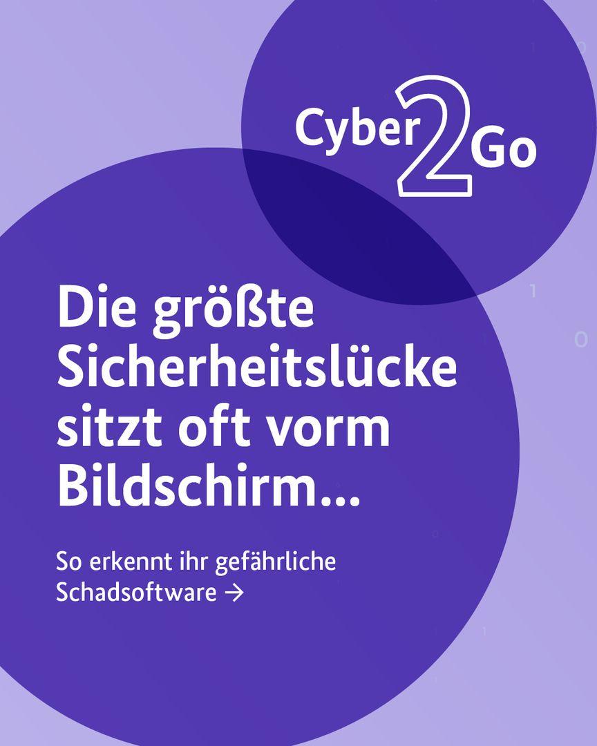 Titel ?Die gr��te Sicherheitsl�cke sitzt oft vorm Bildschirm??. Oben steht das Logo ?Cyber2Go?. Unterzeile: ?So erkennt ihr gef�hrliche Schadsoftware?. Titel ?Die gr��te Sicherheitsl�cke sitzt oft vorm Bildschirm??. Oben steht das Logo ?Cyber2Go?. Unterzeile: ?So erkennt ihr gef�hrliche Schadsoftware?.